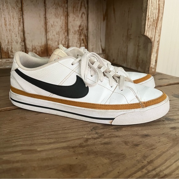 Nike Men's Legacy Court White and Black Sneakers with Gold Accents - Picture 1 of 5